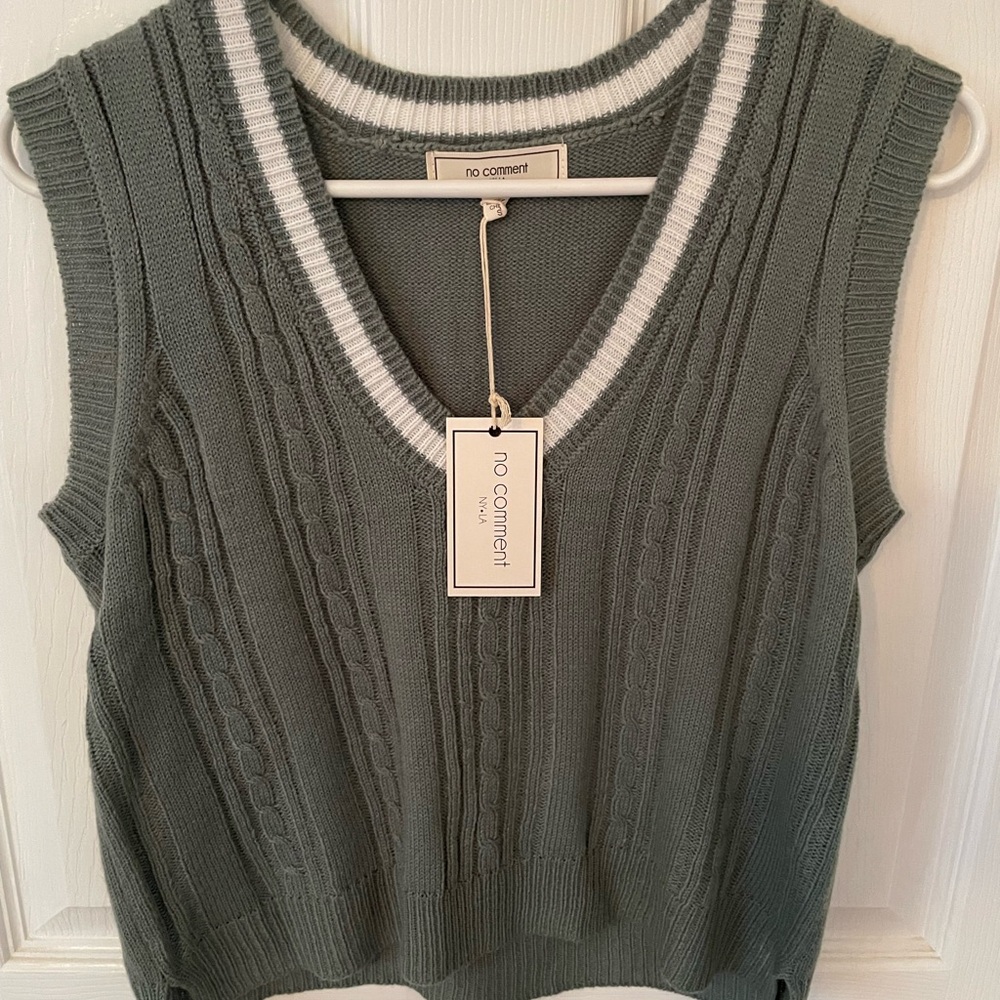 Sage green Knit Vest with White Trim